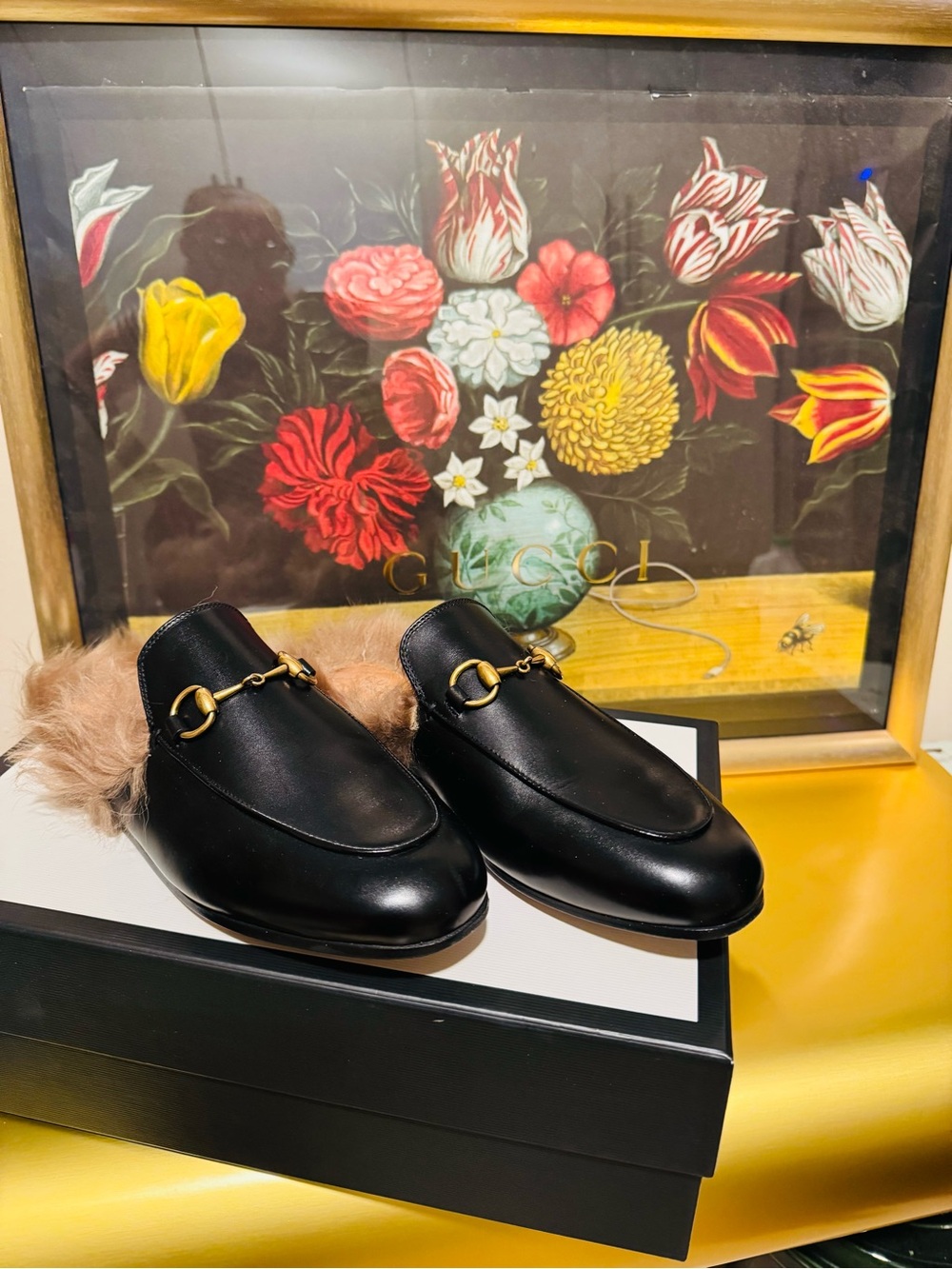 Gucci Black  Fur-Trim Horsebit Slip-On Loafers  36 🛍